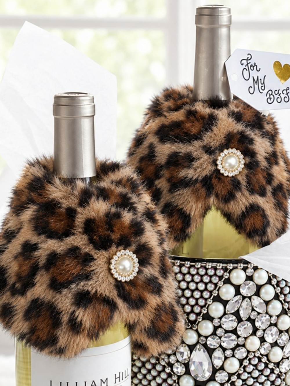 Pier 1 Leopard Print Faux Fur Wine Bottle Cozy with Pearl Brooch (2)